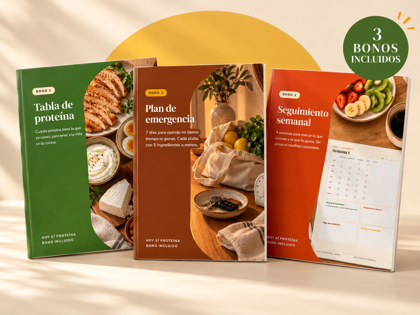 Los tres bonos: tabla de proteína, plan de emergencia y seguimiento semanal