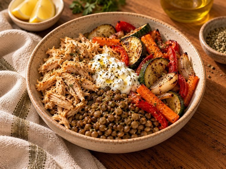Bowl de pollo, lentejas y verduras asadas