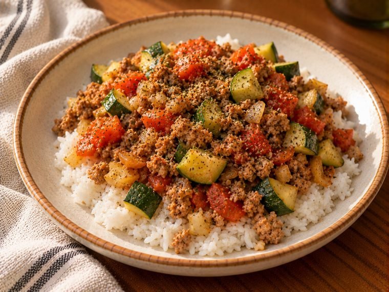 Pavo molido con calabacitas y arroz
