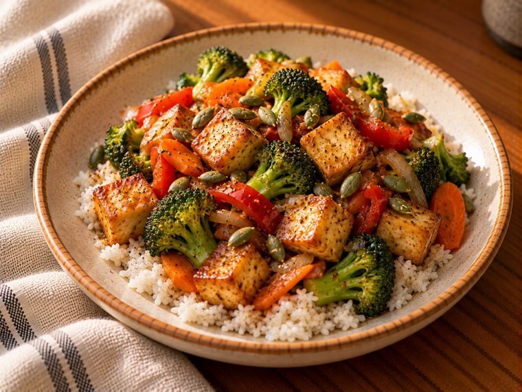 Tofu salteado con verduras y arroz